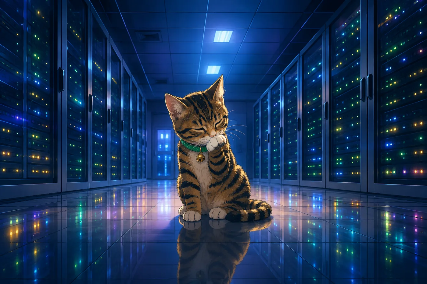 Cate grooming in a glowing server room between data racks